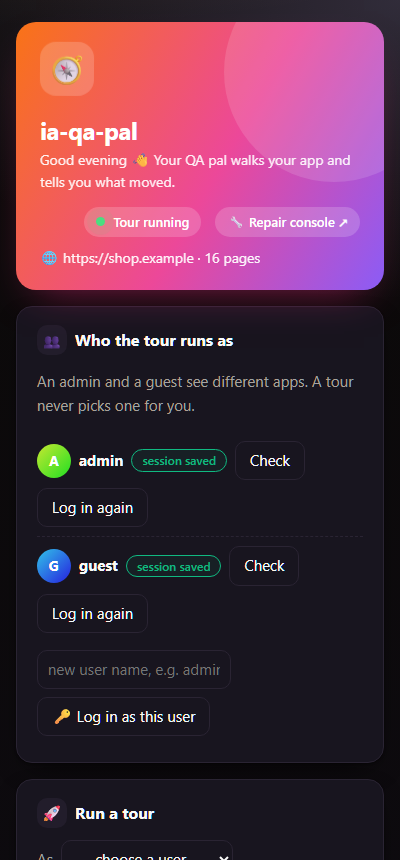 The console on a phone, in dark mode