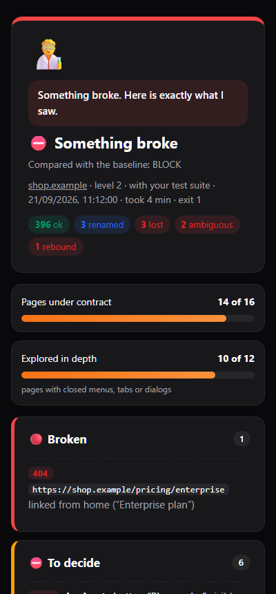 The same report on a phone, in dark mode